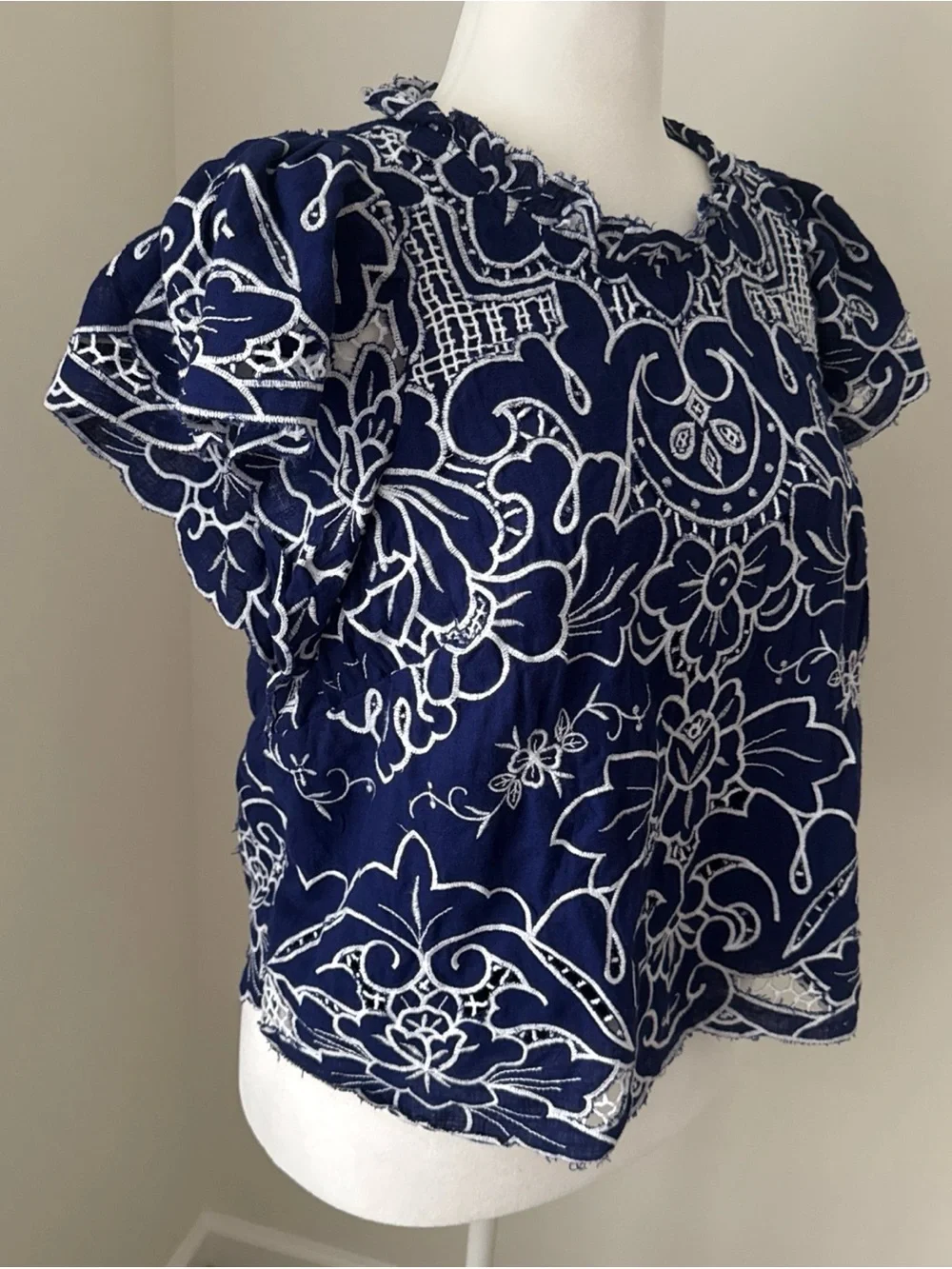 NWT Anthropologie Lace Cutout Blue Embroidered Blouse Sz L